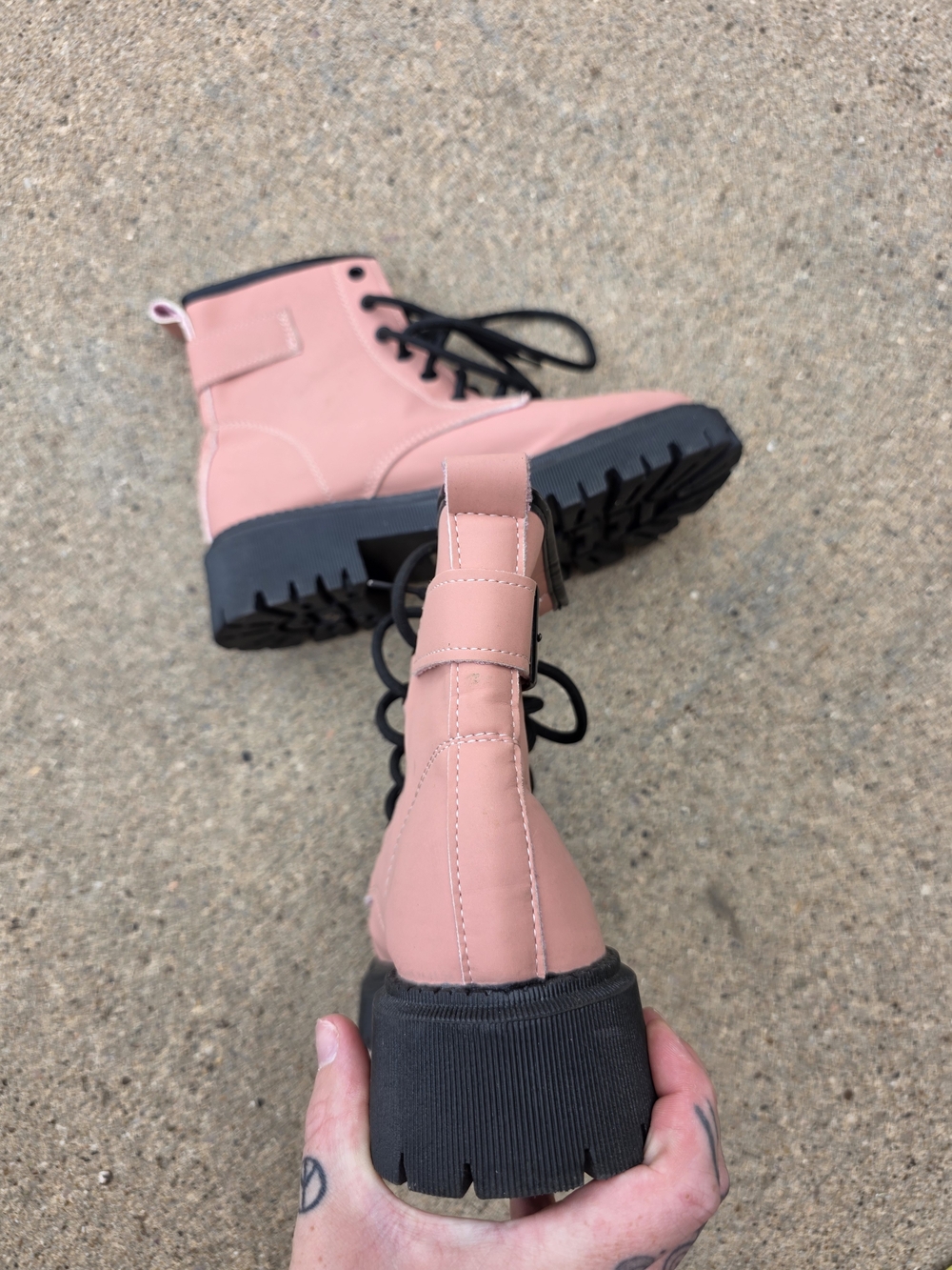 Women's Pink Lace-Up Combat Boots with Black Laces - Picture 4 of 6
